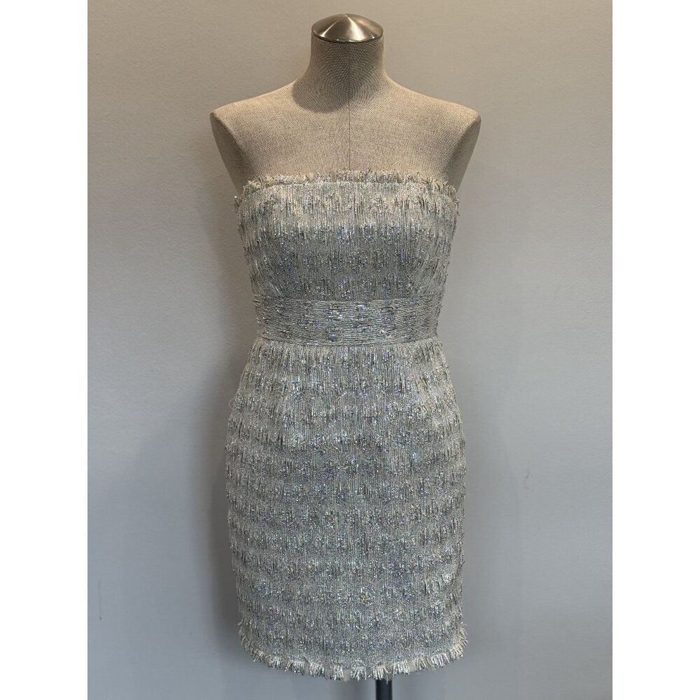 Theia Textured Iridescent Mini Dress In Silver Size 2